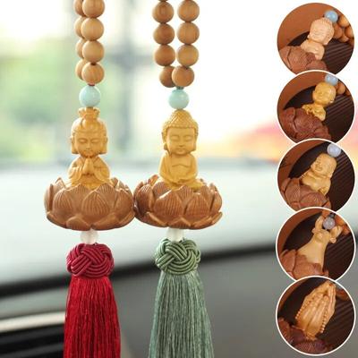 Čínský styl Dřevěná vyřezávaná socha Lotosového Buddhy Přívěsek na auto Kreativní Šperky Lucky Fortune Vánoční okouzlující autodoplňky
