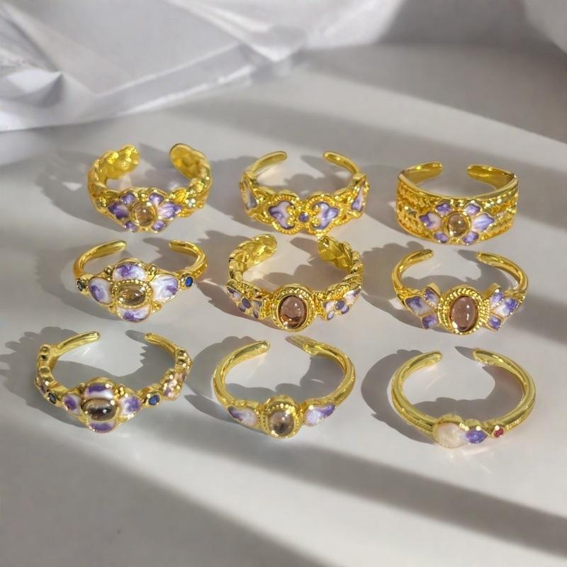 Violet Purple Enamel Drip Open Ring Medieval French High Sense Flower Ring Female