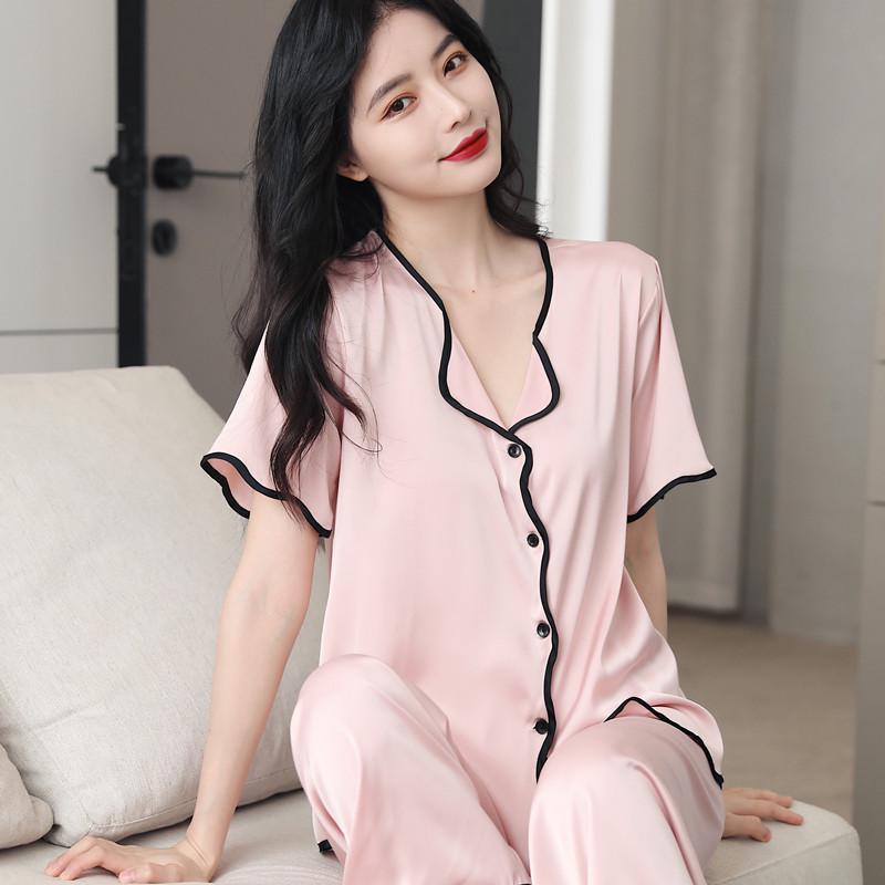 Women's Ice Silk Pajama Set: Short Sleeve Lapel, Korean Style for Spring to Autumn