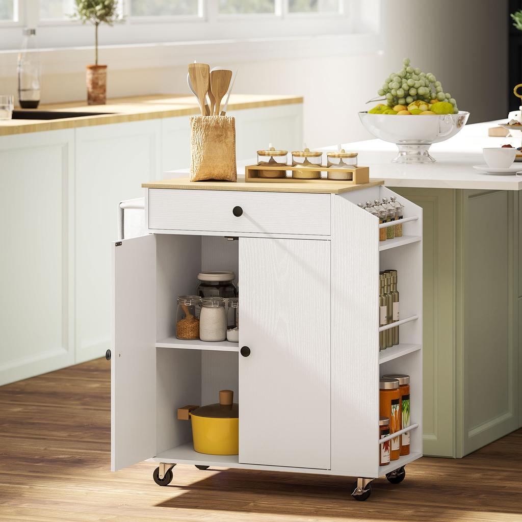 Rolling Kitchen Island with 3-Tier Spice Rack, Kitchen Storage Cart with Drawer and Towel Rack, White