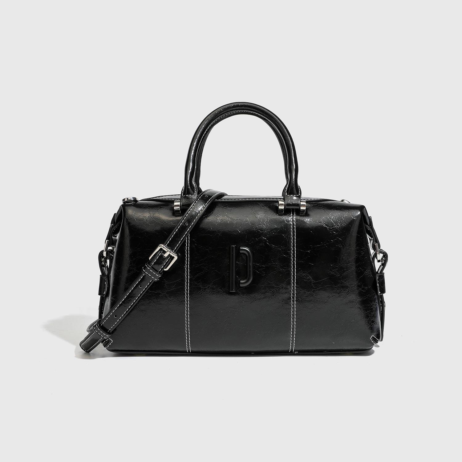 

Vegetable Tanned Clown Bowling Bag Oil Wax Long Handle Hand Carry Underarm Bag Commuter Shoulder Baguette Boston Bag 29*9*18