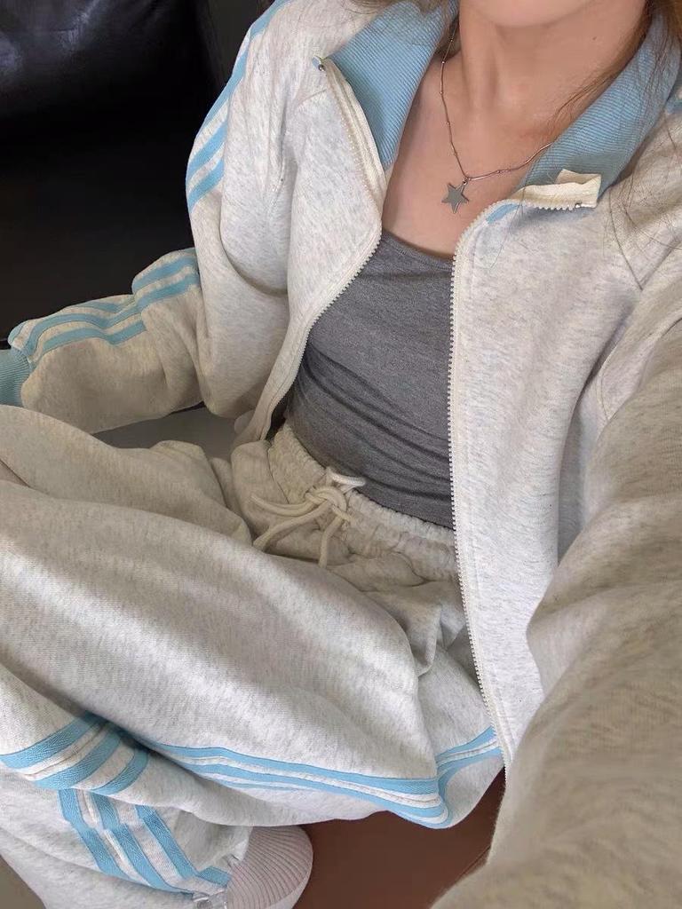 Damen Frühling/Herbst Laufanzug - Reiner Baumwoll- & Milchseidenstoff, Reißverschlussjacke & Hose im koreanischen Stil