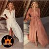 European-American Bamboo Bell Sleeve Deep V-Neck Beach Dress Cover-Up