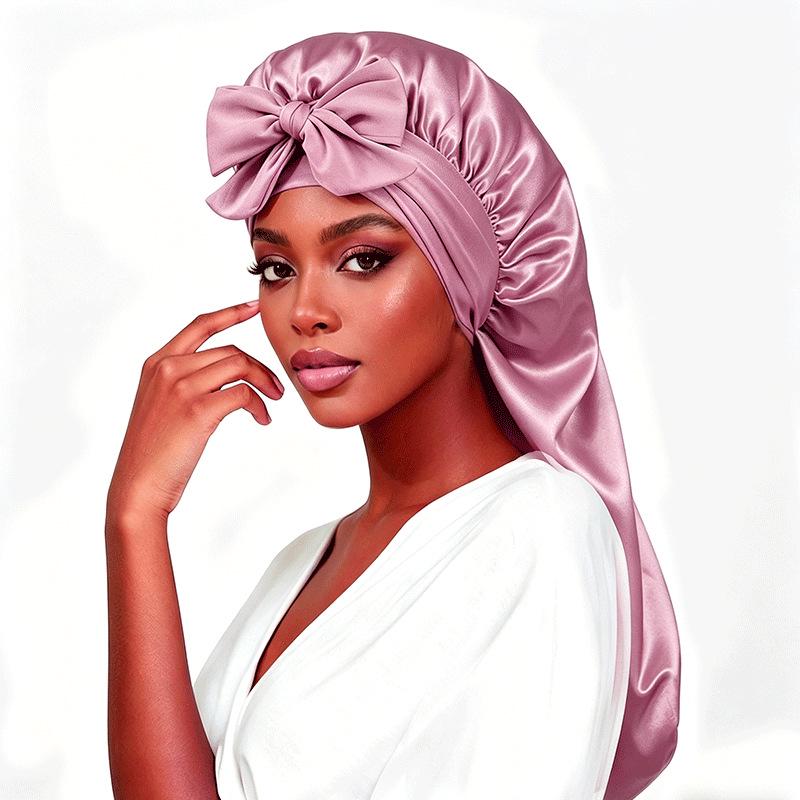 Satin Bow Tie Long Stocking Nightcap Headscarf for Long Hair Protection
