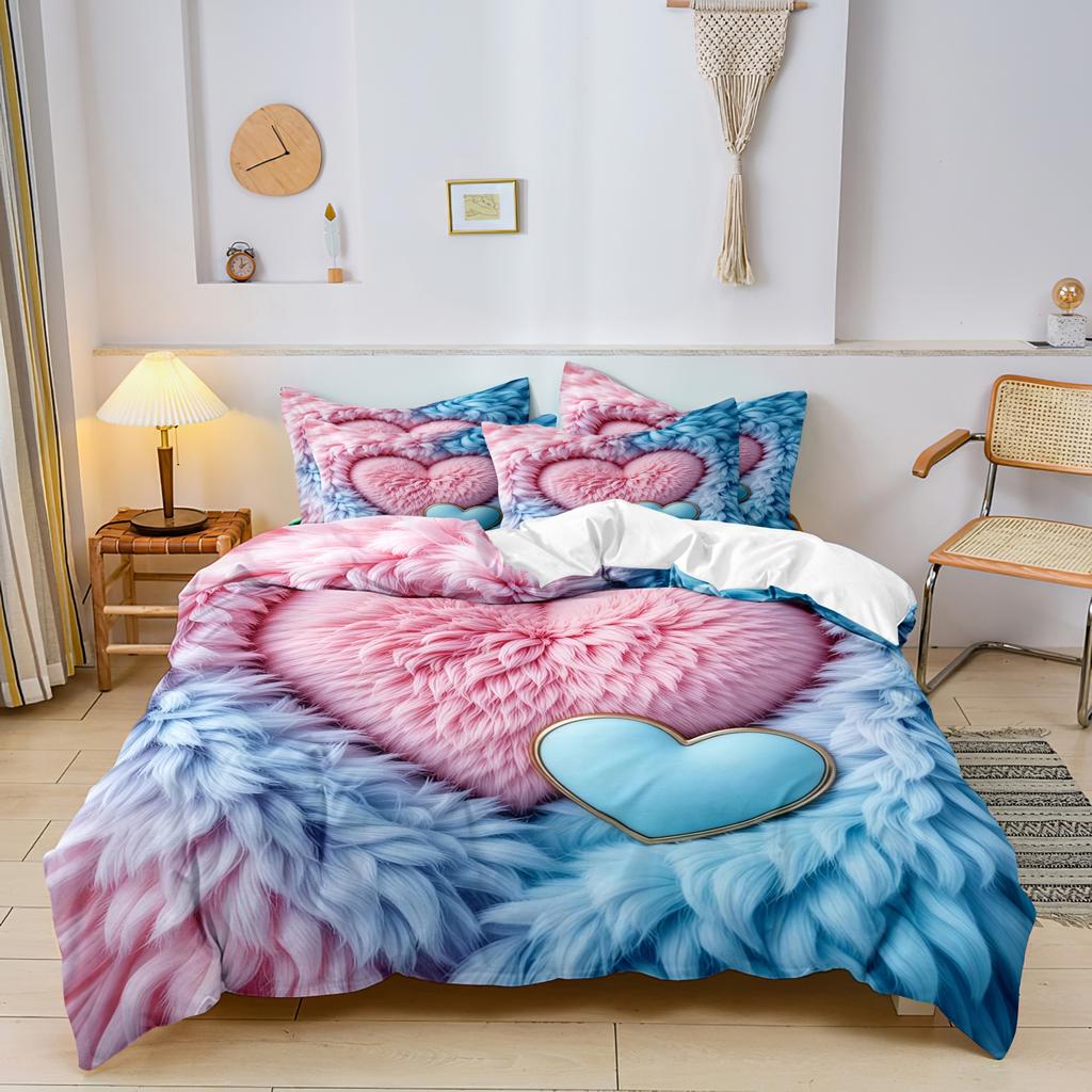 3pcs Valentine'S Day Romantic Luxurious Vintage Leopard Print Heart Rose Duvet Cover Set Pink And Blue Feather Heart Duvet Cover