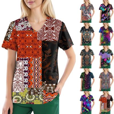 Bedruckte Scrub-Arbeitsuniform-Oberteile für Damen in Übergröße, kurzärmelig, V-Ausschnitt, lustige T-Shirts, Arbeitskleidung, T-Shirt mit Taschen