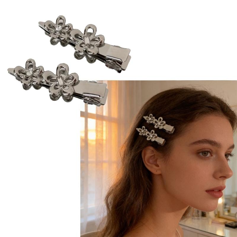 Punk Barrettes Hair Clip Floral Sweet Metallic Flower Flat Clip Hairpin Flower Floral 2000s Hair Clip for Bunches