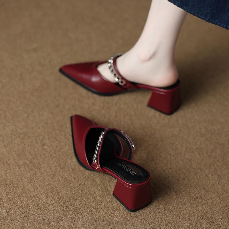 6001-5 Premium Baotou Half Slippers Women's Summer Wear Light Luxury Mary Jane Temperament Versatile Pointed Sandals