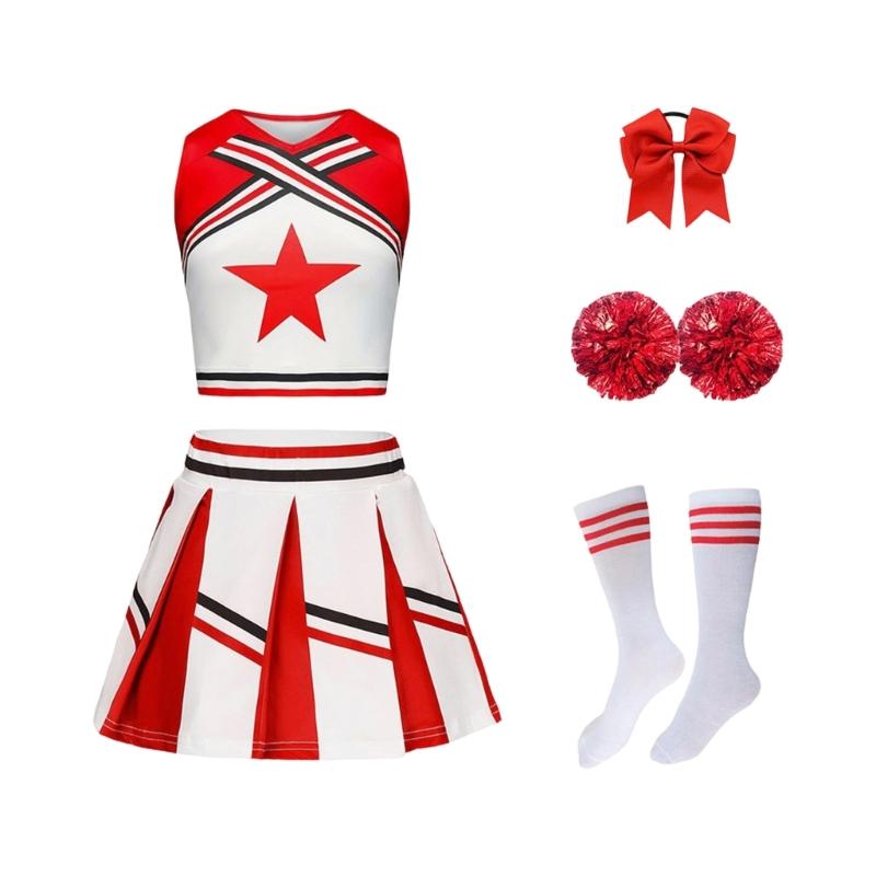 

Cheerleader Performances Outfit Set Soft Fabric Comfortable For Sports Event And School Activity With Bowknot Headwear 140
