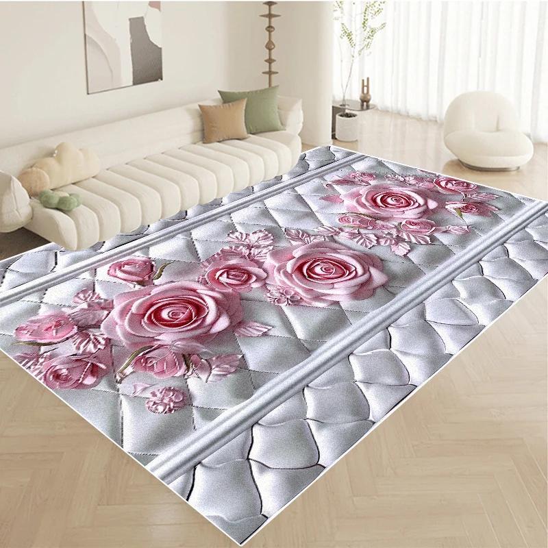 Nordic Luxury Pink Carpet Living Room Large Size Pastoral Flower Home Bedroom Rugs Washable Lounge Rug Hotel Lobby Floor Mats