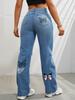 Butterfly Print Ripped Cut Fashion Denim Pants Straight Leg High Waist Contrast Denim Trousers Women