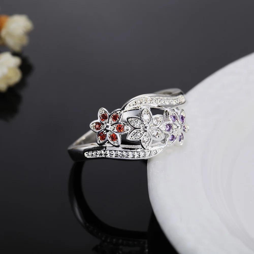 925 Silver high quality For women lady wedding inlaid stone crystal flower ring fashion jewelry
