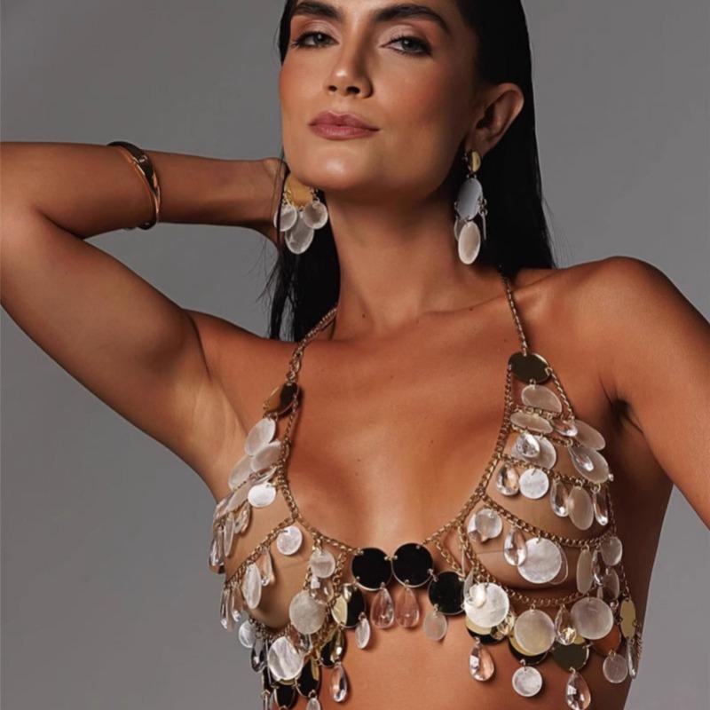 Sequin Tassel Halter Body Chain Party Crop Top OneSize серебряный