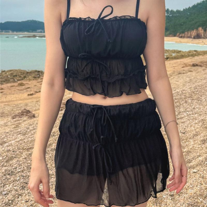 

Color] New solid color wind bow slim sling tube top split three-piece skirt swimsuit XL білий