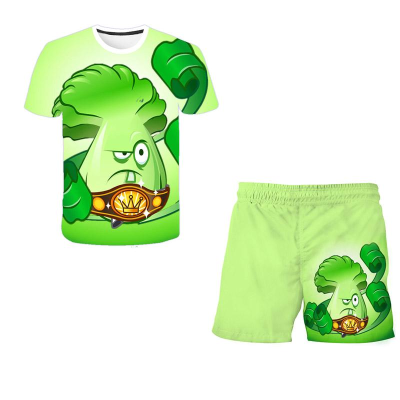 2025 NEW 4-14 Year Old Boys and Girls 3D Plant VS Zombie Printed T-shirts+Shorts Two Piece Sets Fashion Sports T-Shirt Top + Shorts Set 2 Pieces
