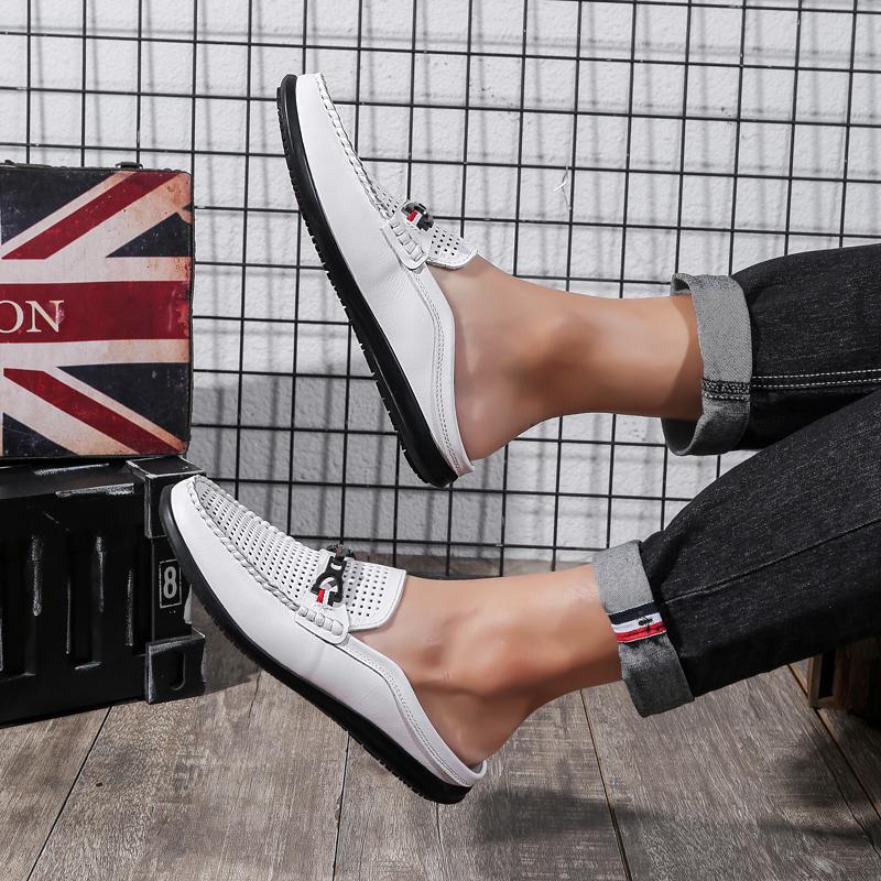 Fashion New Breathable Dress Shoes Genuine Leather Mens Slip on Shoes Fashion Men Half Loafers Slides Breathable Mules for Man Flats