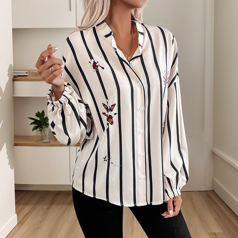 Damskie Bluzki Koszule z Nadrukiem w Paski z Długim Rękawem Moda Luźny Krój Guziki Casualowe Top na Wyjście