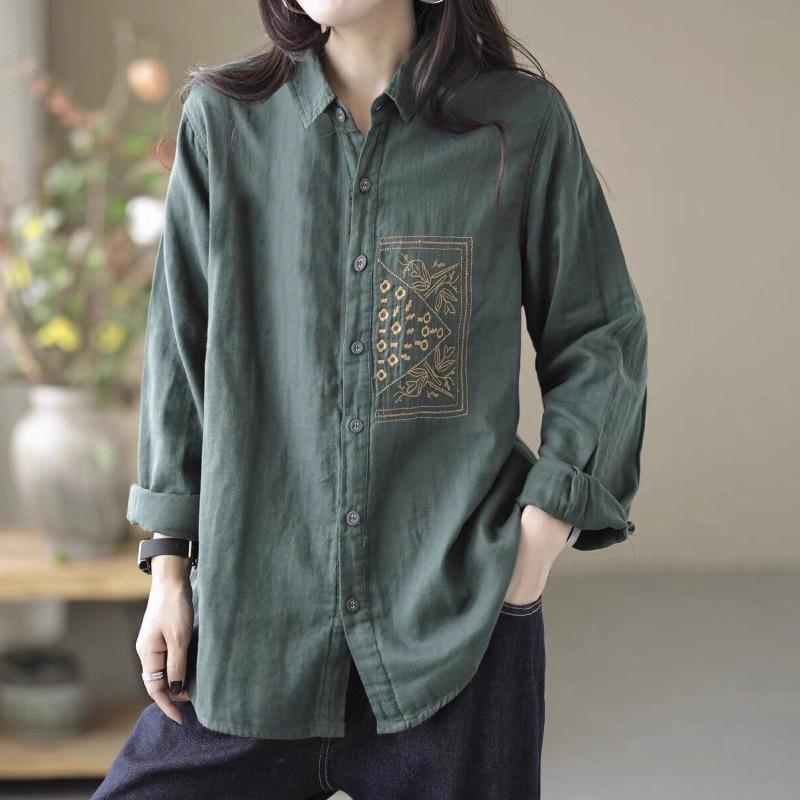 Southeast Asia Plus Size Embroidered Cotton Linen Long Sleeve Shirt
