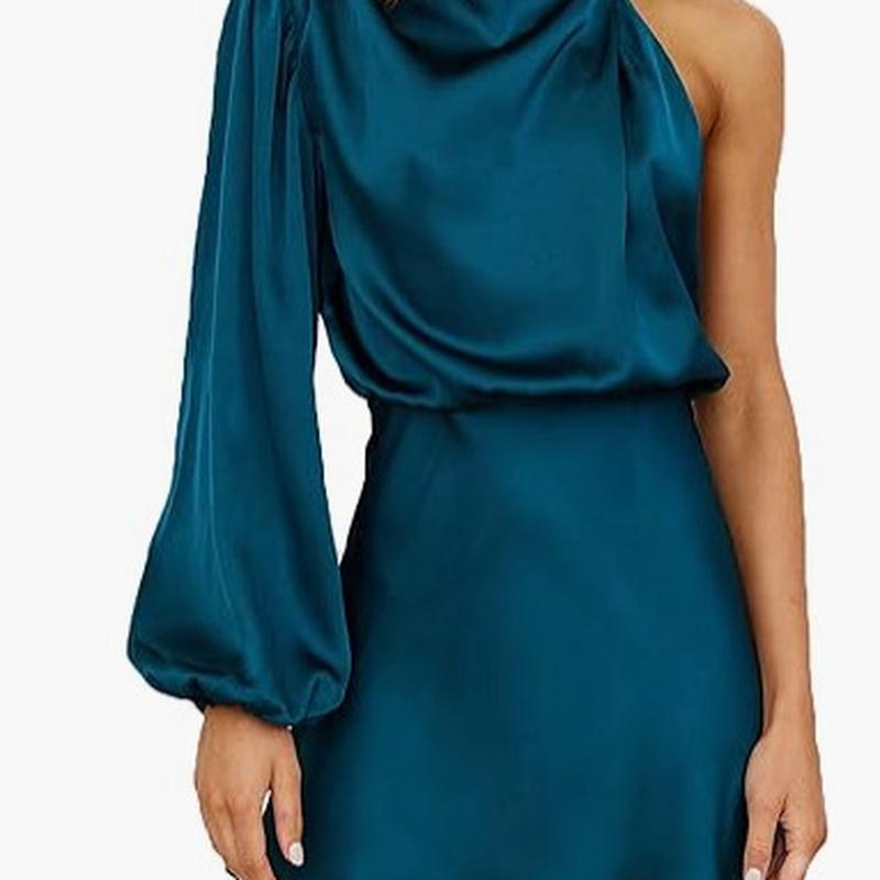 Damen One-Shoulder Satin Mini-Kleid Langarm Drapierter Ausschnitt Bodycon Cocktail Abendparty Kleid
