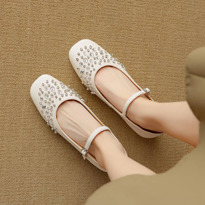 Krazing Pot Sheepskin Summer Autumn Size 40 Low Heels Crystal-studded Mary Janes Square Toe Gladiator Shallow Pumps