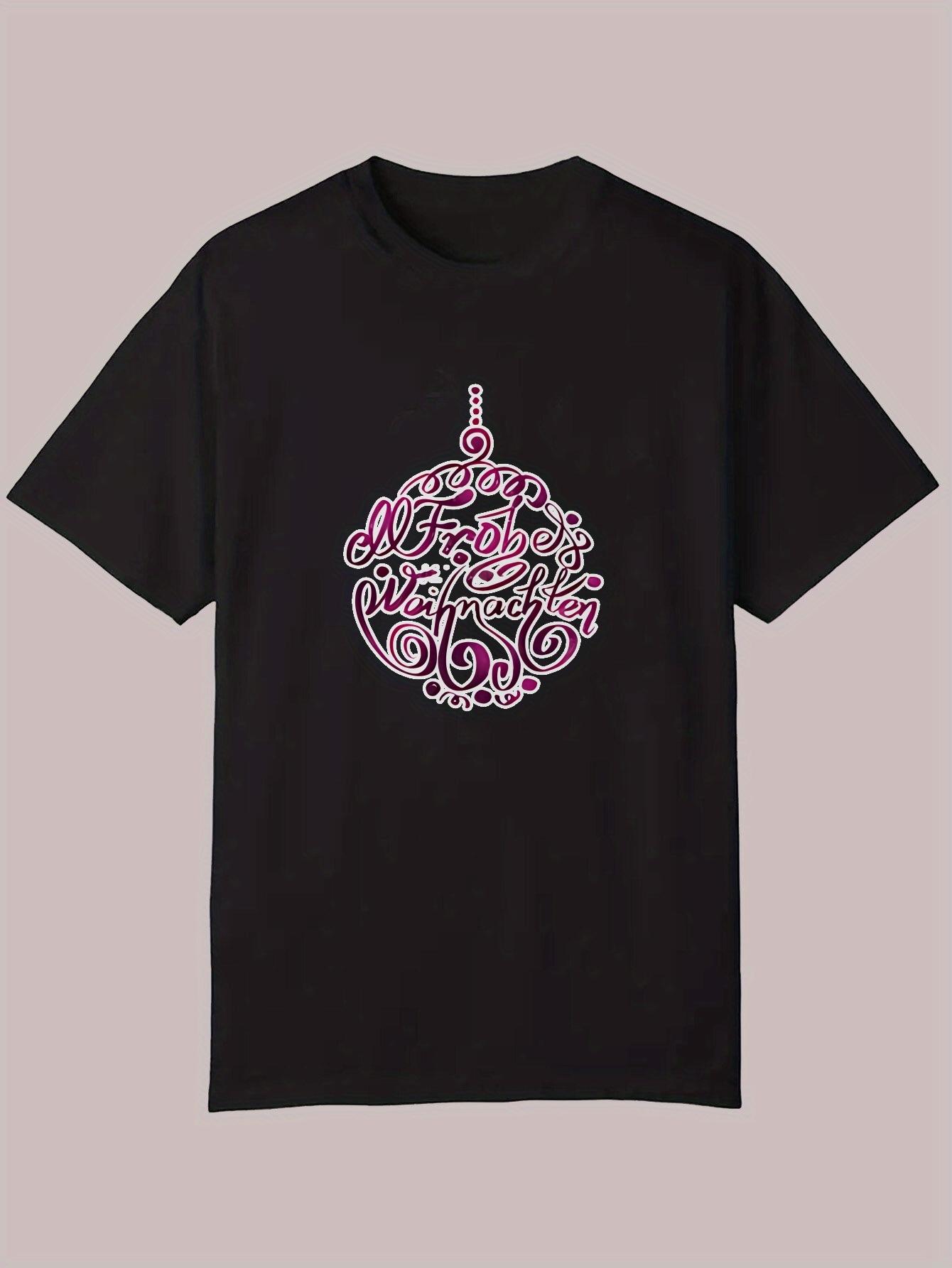 Summer Casual Short Sleeve T-shirt - Black with Pink Christmas Ornament Letter Graphic XXXL