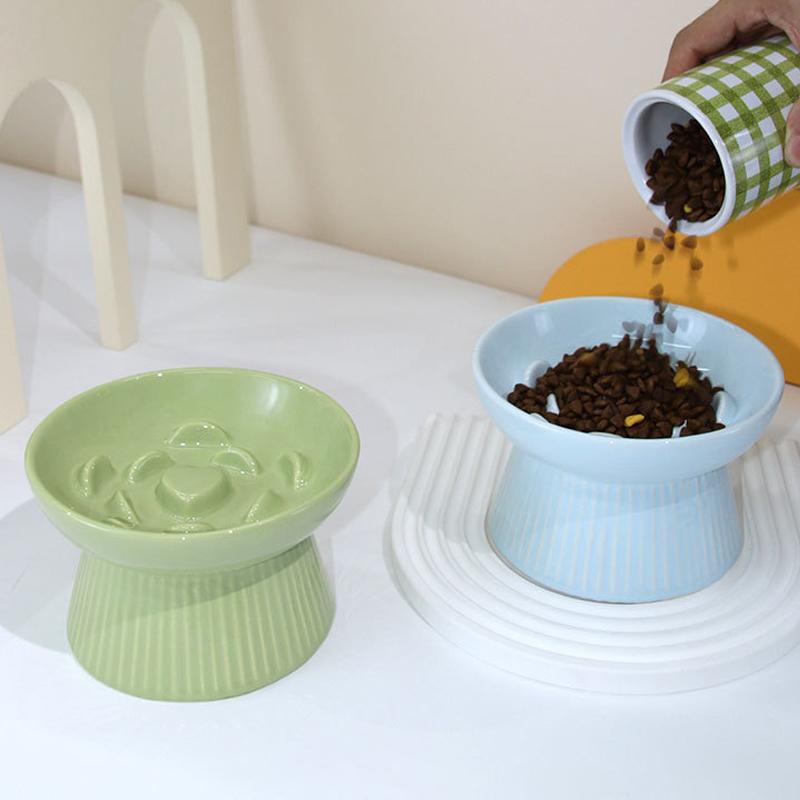 Ceramic Tall Footed Slow Eating To Prevent Choking Pet Bowls, Anti Overturning Oblique Mouth, Neck Protection, Dog Cat Bowl, 1Pc