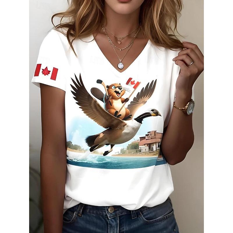 

Женская футболка с принтом животных и букв, в стиле ретро, модная, классическая, с коротким рукавом, V-образным вырезом, канадская, для активного отдыха, оверсайз, женская одежда S