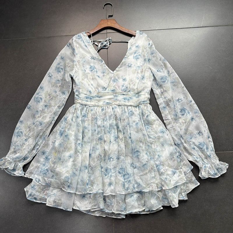 

Export Pure Original Miamiv Collar Long Sleeves Elegant Rose Retro Elegant Sexy Waist-Tight Chiffon Long Sleeves Dress Blue Elegant Rose M