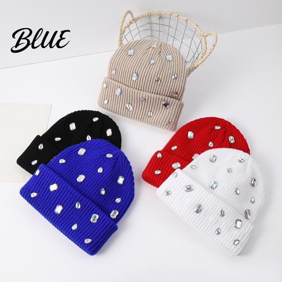 Stylish Cold Weather Headgear Bling Rhinestone Knitted Hat Street Punk Knit Winter Personalized Trendy Hat Warm Skull Cap for Women Autumn