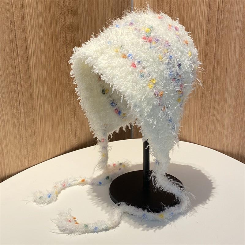 Autumn and winter colored small jelly beans hand-woven tied knitted hat women's travel atmosphere cute plush hat