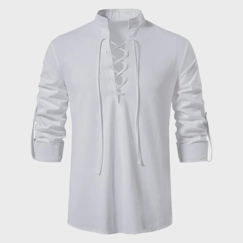 Men's 2024 V-Neck Lace-Up Long Sleeve Henley Shirt - Solid Color Cotton & Linen Casual Stand-Up Collar