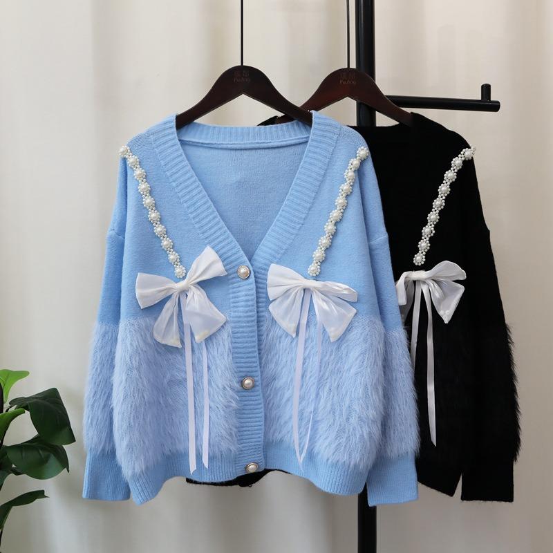 Autumn and winter new loose splicing imitation mink velvet knitted cardigan sweet bow soft waxy sweater jacket women