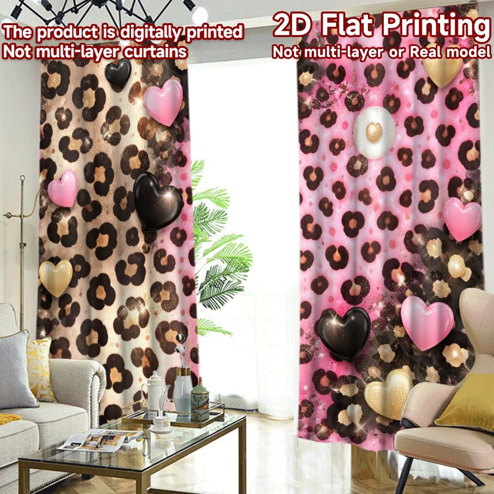 2D FLAT PRINTING 2pcs Curtains (Without Rod) Valentine's Hearts and Leopard Modern Window Curtain Durable Polyester Curtains