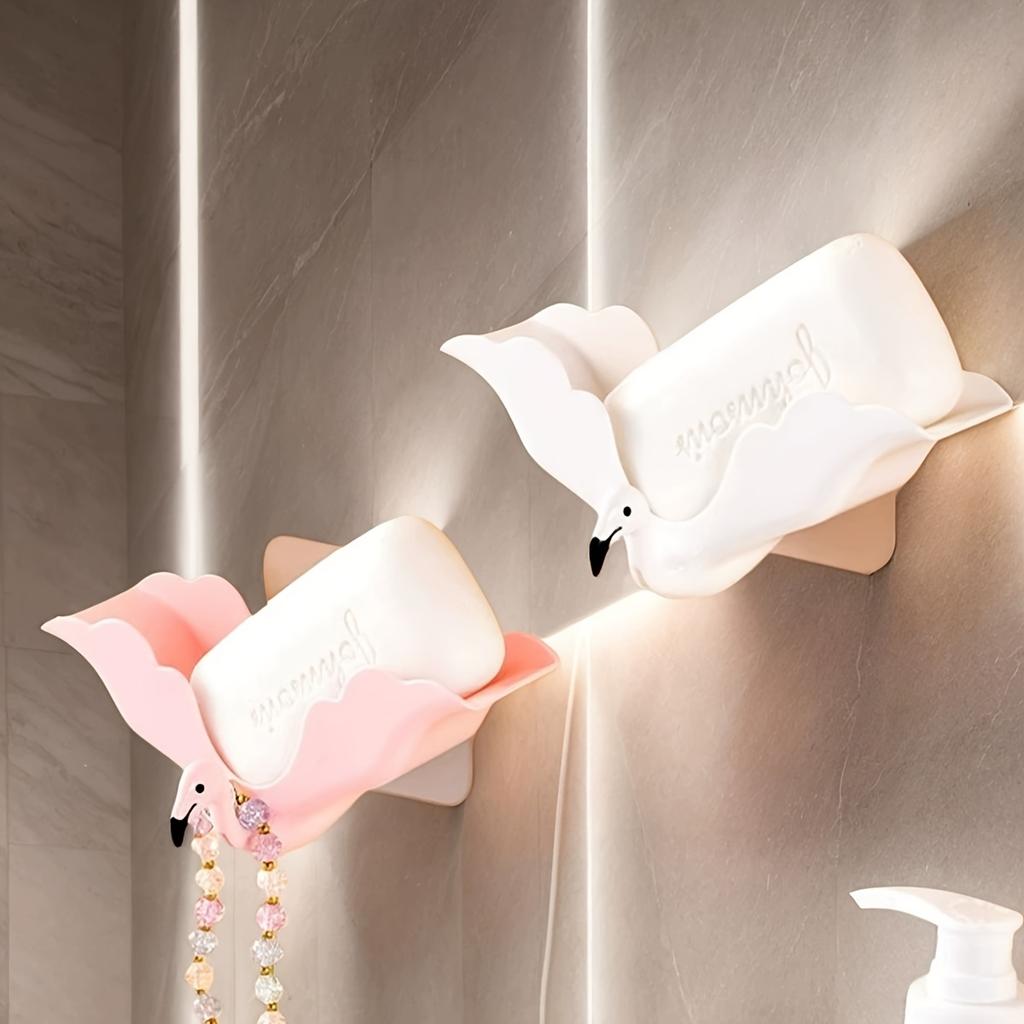 2Pcs Flamingo No Punching Soap Box Household Soap Box Drain Multifunctional Wall Mounted Creative Soap Box Cute