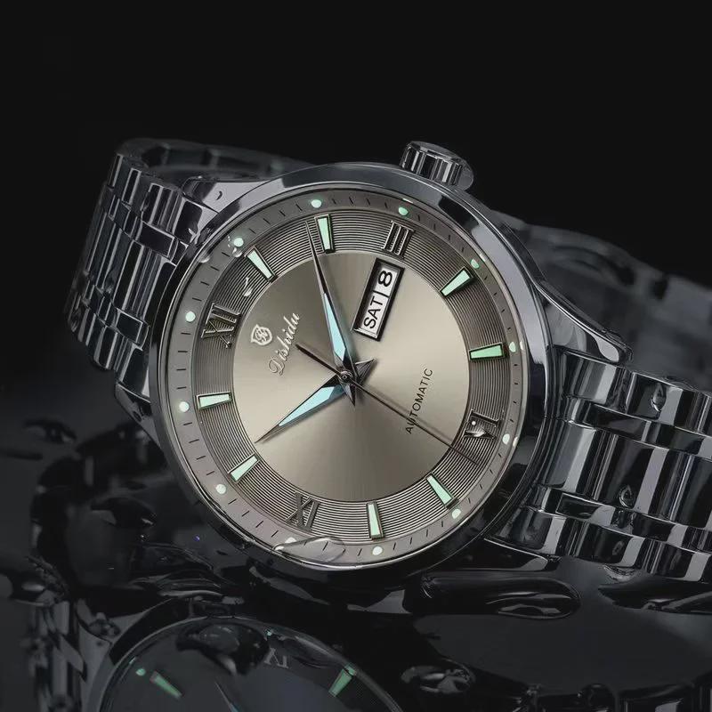 Lysende vanntett mekanisk klokke for menn med kalender