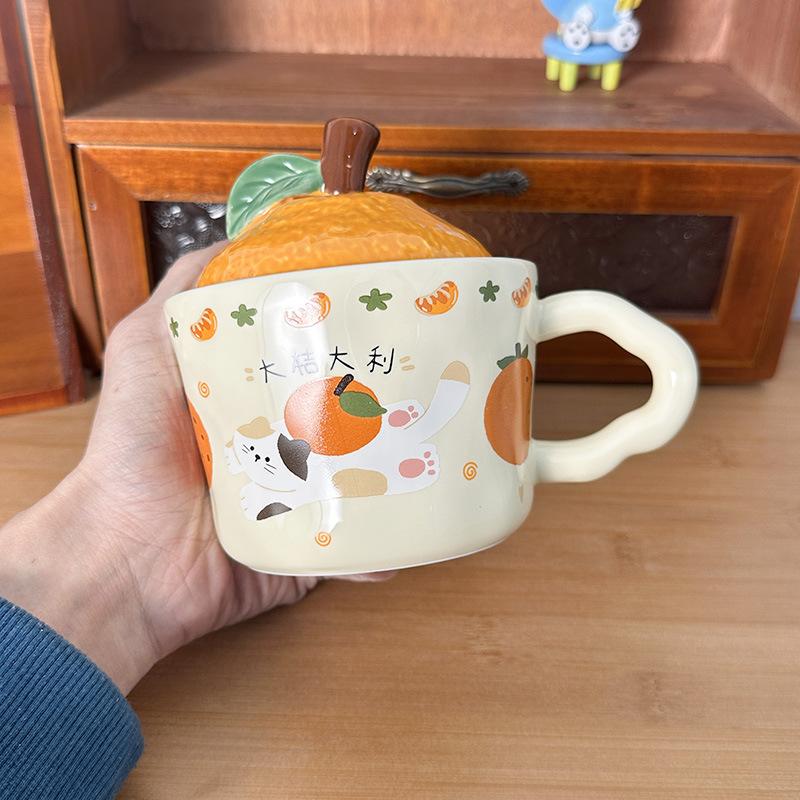 Cute Orange Cat Mug with Lid Creative Good Luck Cup Girls Home Coffee Cup Chinese New Year Gift