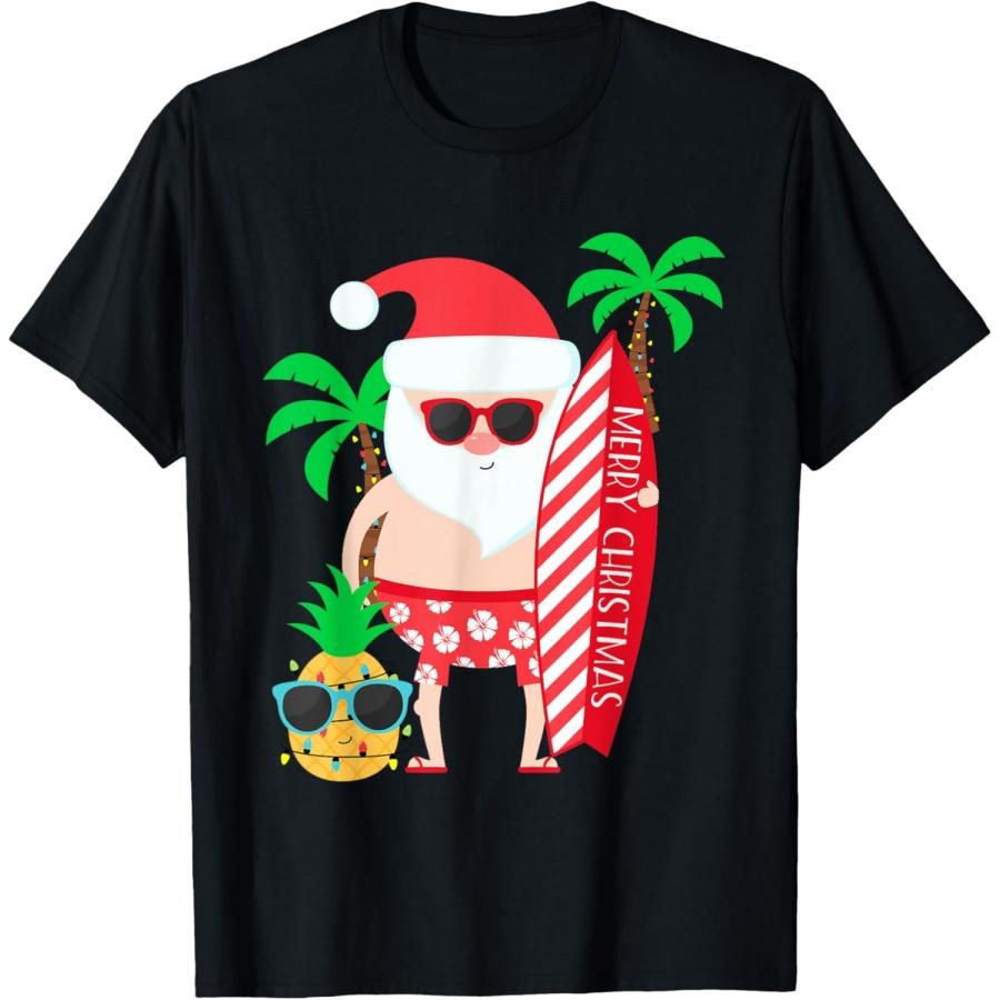 

Santa Surfing Hawaiian Beach Christmas In July Tropical T-Shirt XXXXXL чорний