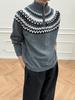 Men's Grey Fair Isle Half-Zip High Neck Sweater - Autumn/Winter Jacquard Knitwear
