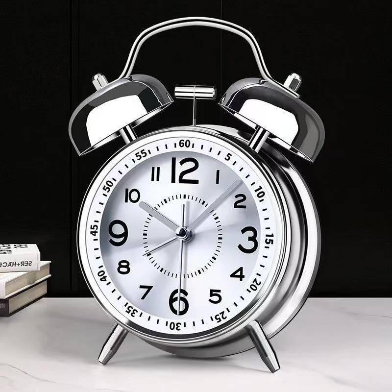 Rechargeable Metal Bell Alarm Clock with Night Light - Super Loud Wake-Up Device for Bedsides, Ideal for Students and Elderly Rooms.