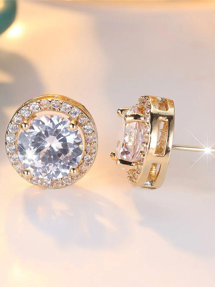 Fashion White Zircon Round Pearl Stud Earrings Silver Color Vintage Crystal Wedding Jewelry For Women