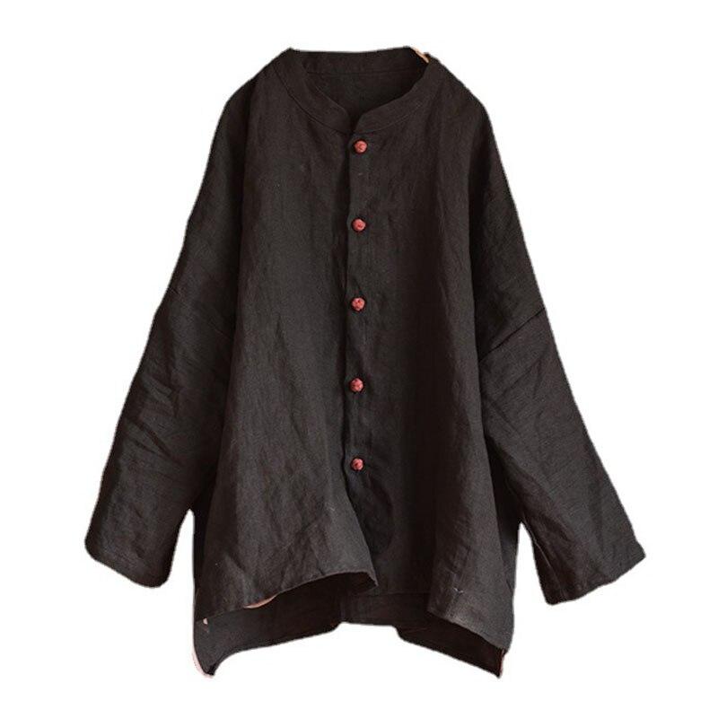 Johnature Frauen Vintage Leinen Taste Mäntel Stehen Einfarbig Lange Hülse Lose Mantel Frühling Chinesischen Stil Casual Kleidung