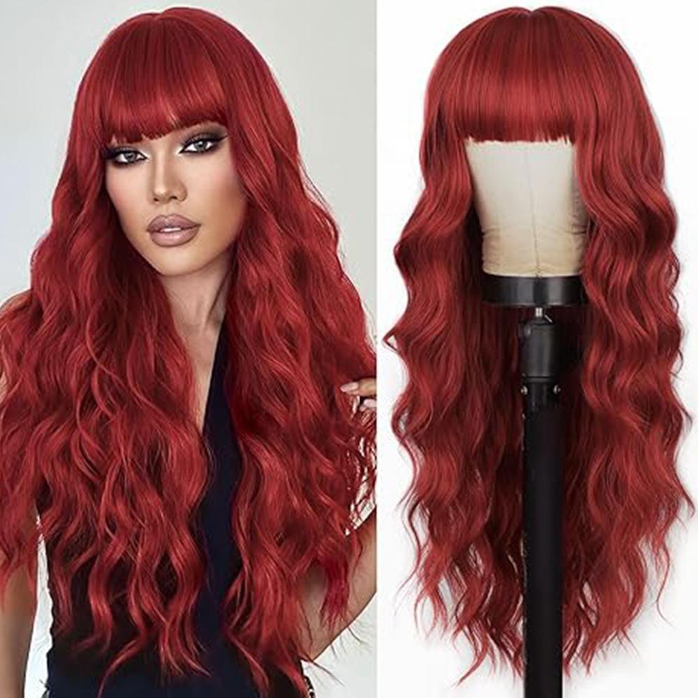 Bangs 26 Inches Deep Wave Body Wave Long Curly Synthetic Hair Wig Heat-Resistant Glueless European American Women High