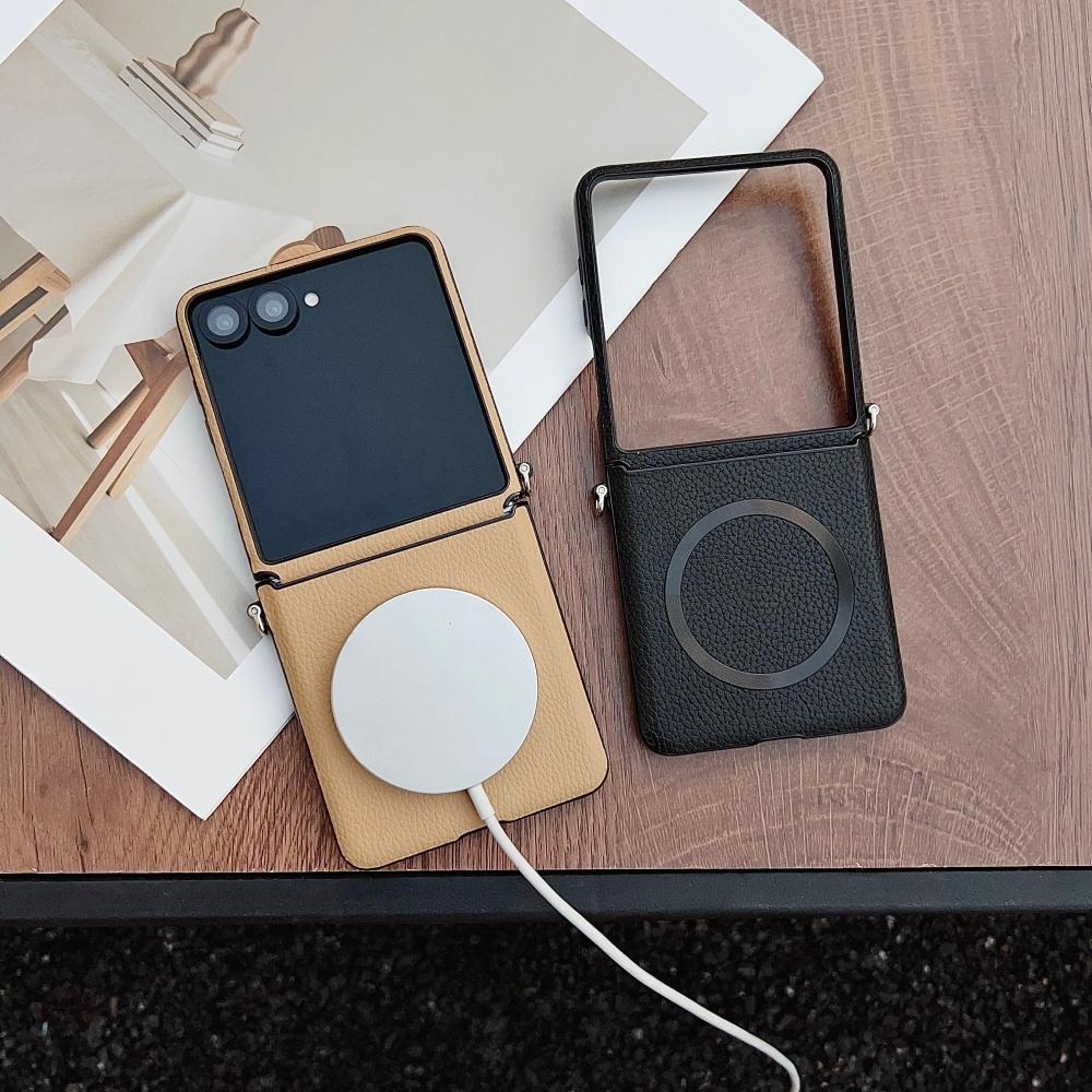 Matte Lichi Leather Soft Magnetic Armor Anti Drop Phone Case for Samsung Galaxy Z Flip 7 6 5 4 for Magsafe Wireless Charge Cover
