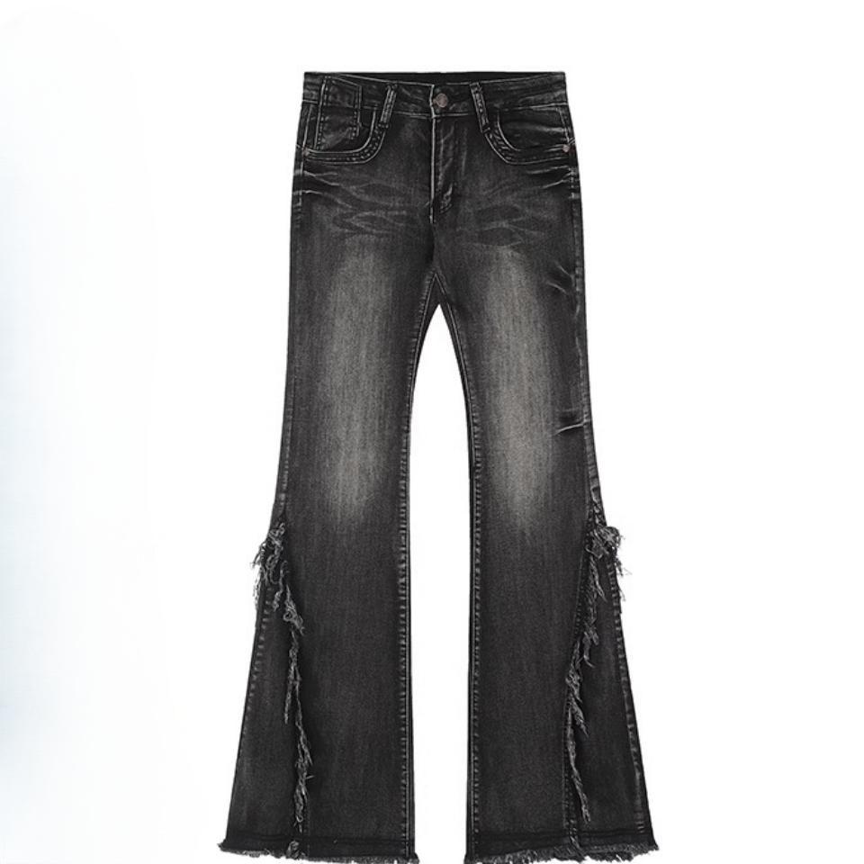 StyleSanctuary Y2k Flared Jeans voor dames Lage taille Gewassen denim broek Vrouwelijke Amerikaanse vintage broek Raw Edge Design Patchwork Herfst L zwart