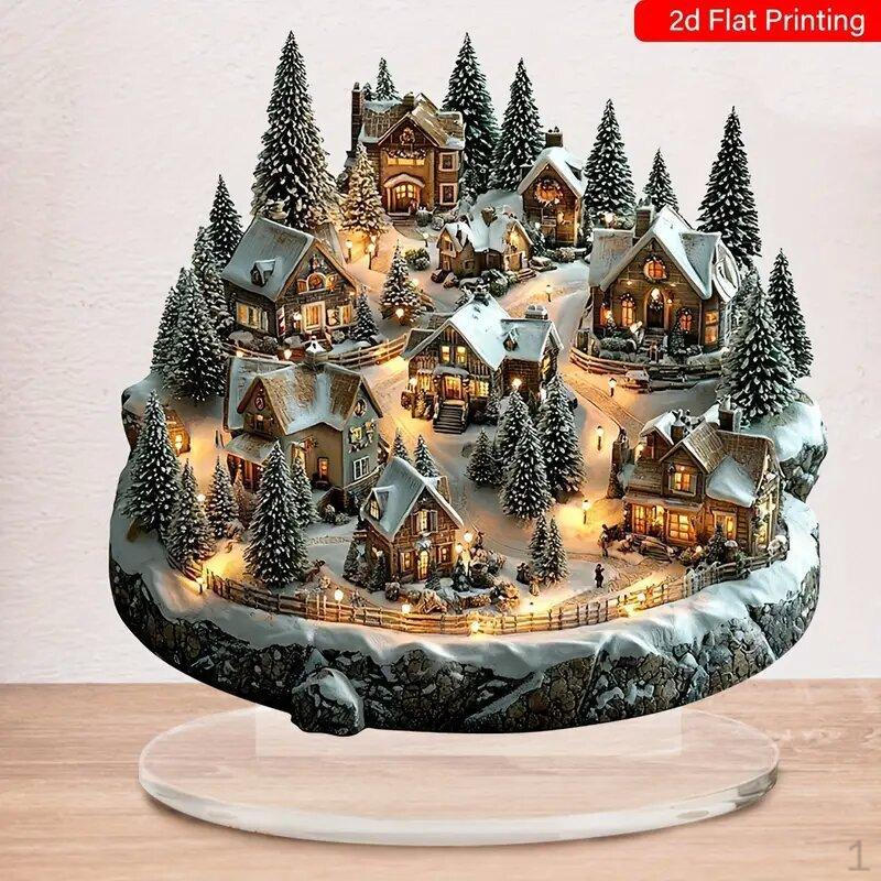 Christmas Decorations 2D Acrylic Sign Desk Display Snow Scene House Desktop Decoration for Holiday