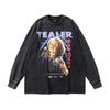European And American High Street Spoof Print Vintage Hip Hop Retro Wind Wash Water Round Neck Long Sleeve Bottoming T-Shirt Men And Women
