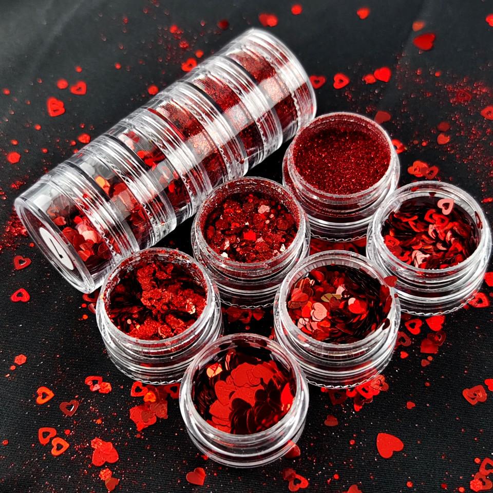 Valentine's Day Nail Art Glitter Set: 6-Compartment with Heart, Hollow Heart, Butterfly, and Metallic Glitter for Resin