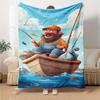 Cartoon Fisherman Boat Ocean Fish Print Flannel Throw Blanket Soft Plush Blanket for Sofa Couch Bedroom Home Decor