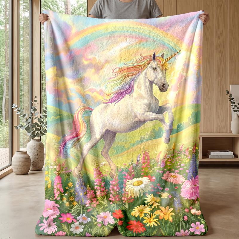 Rainbow Unicorn and Flowers Theme blanket Lightweight Warm Flannel Blanket Decorative Throw Blanket for Home Decoration