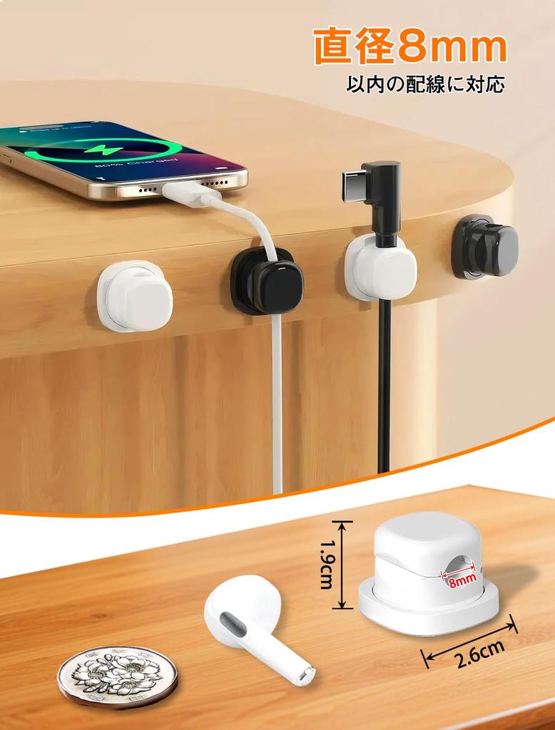 Rotating Cable Thick Cable Secures Cord Strong USB Cable Vertical Neat ABS Compatible with Charging Power Keyboard Headphone Mouse Earphone White